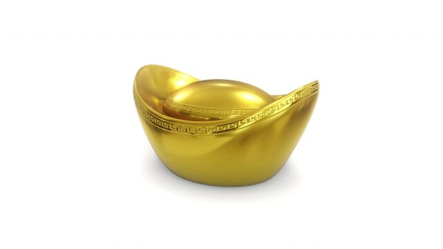 3D animation of a Chinese gold ingot (Yuanbao) rotating on a white background, symbolizing wealth, fortune, and prosperity in Chinese culture.