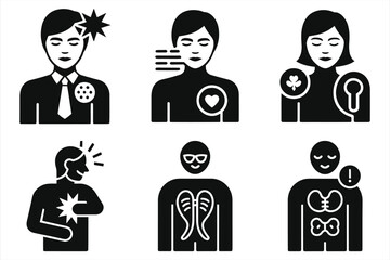 Set of Human Icons Depicting Various Health Conditions/This Vector features a collection of black and white icons depicting human figures with different health conditions or symptoms.
