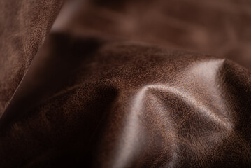 Dark Brown Faux Leather Close Up Crumpled Texture with Natural Shine