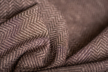 Brown Herringbone Fabric Close Up Classic Zigzag Pattern in Folded Textile