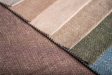 Colorful Herringbone Fabric Swatches Textile Samples in Blue, Beige, Green and Terracotta Tones