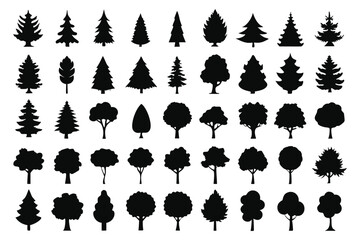 Even More Ultimate Tree collection, 100 detailed, different tree vectors. Evergreen forest firs and spruces black shapes, wild nature trees templates. Vector illustration woodland trees set.