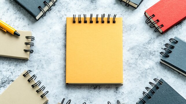 Spiral-bound notebooks arranged around a blank, yellow notepad.