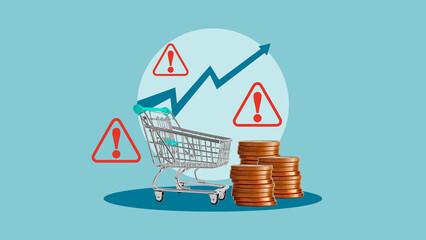The problem of inflation as higher food prices from inflation. Rising food and grocery store prices and expensive daily consumer goods concept