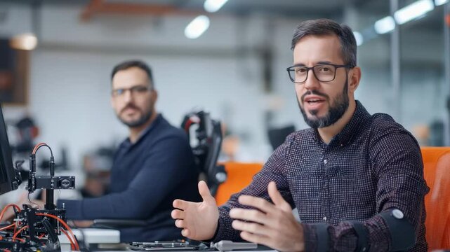 Innovation Hub: Capturing two engineers with focused expressions in a well-lit workshop, the image showcases technology and collaboration in action.
