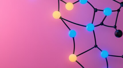 A colorful molecular structure against a gradient background, showcasing interconnected spheres representing atoms and bonds in a scientific context.
