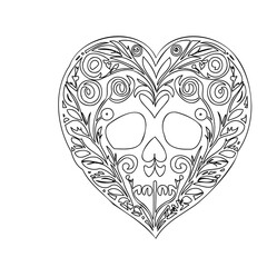 Floral Skull Heart Shape Intricate Line Artwork