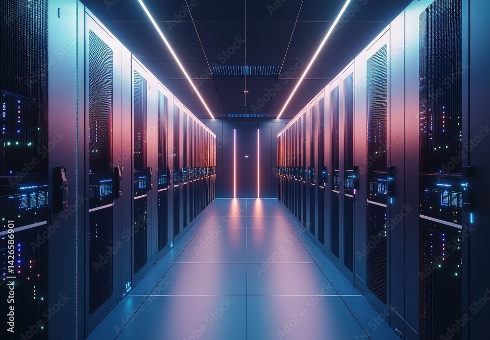 Aufkleber Symmetrical rows of secure high-performance data servers illuminated in pink and blue tones. Ideal for cybersecurity, network architecture, or tech service visuals
