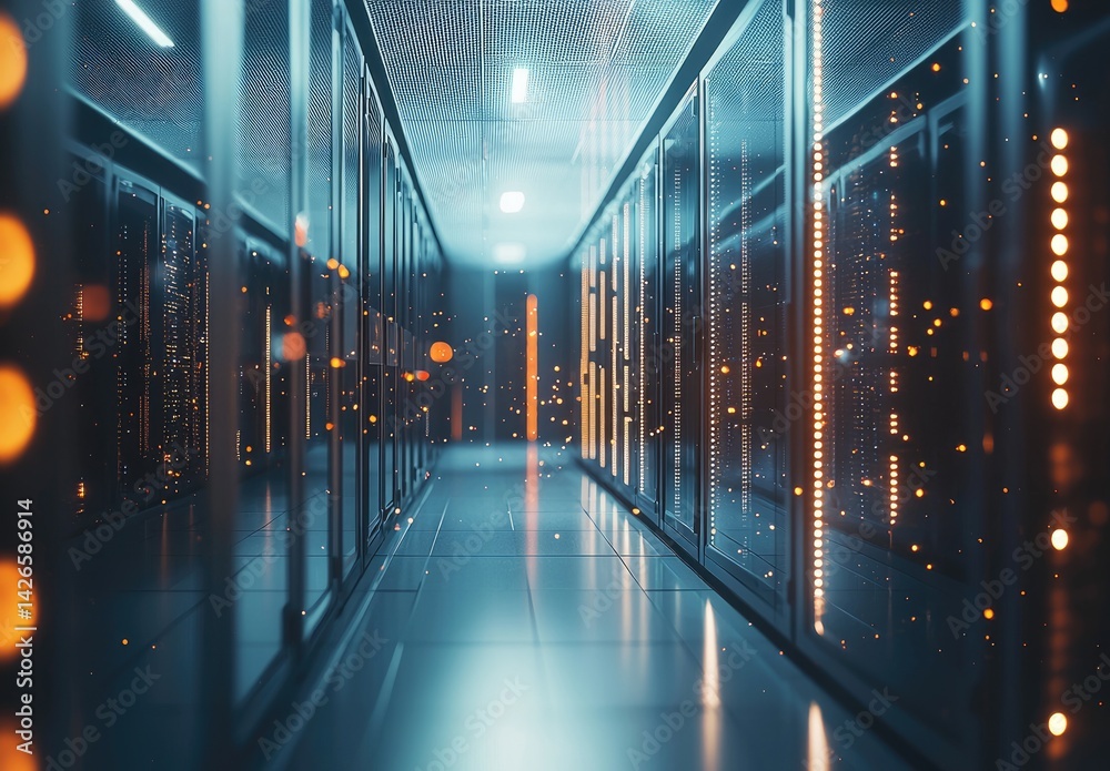 Poster futuristic data center corridor with glowing orange and white lights, showcasing reflective glass pa