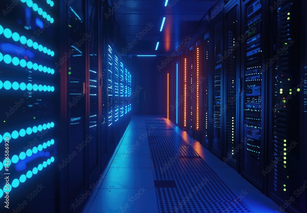 Poster high-tech corridor lined with illuminated data servers in glowing blue and orange lights. perfect fo