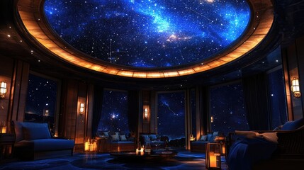 Under-the-stars restaurant concept with constellations projected on dome ceiling and soft lights