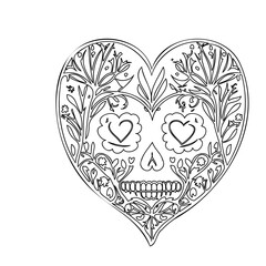 Floral Heart Skull Intricate Line Art Drawing
