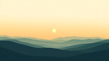 Sunset over layered mountains.