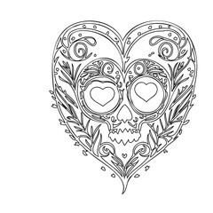 Floral Heart Skull, Coloring Page for Valentine's