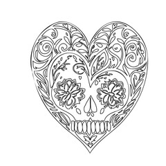 Floral Heart-Shaped Skull Intricate Line Drawing