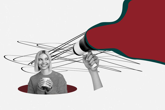 Creative full artwork collage of happy man girl stand hand hold megaphone propaganda strike demonstration protest brainwash