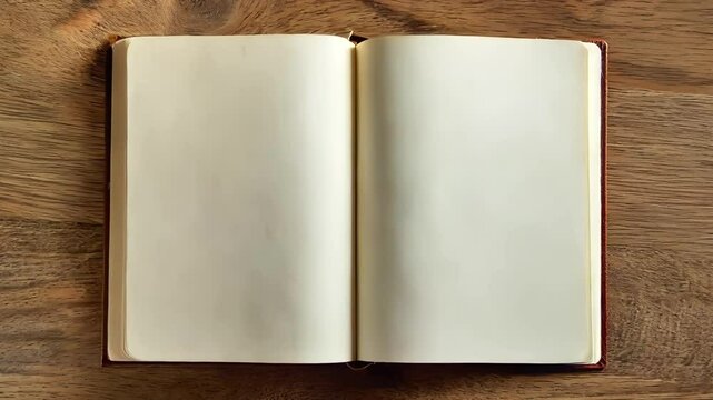 Top view of oak table with old book. Opening a book on blank pages. 
