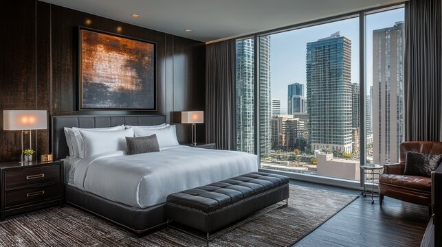Luxurious city suite bedroom with panoramic view