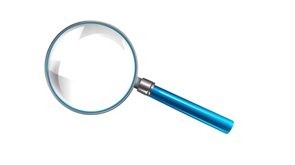 A blue handled magnifying glass on a black background with a white lens isolated on transparent background