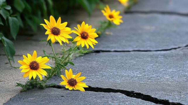 Wildflowers pushing through cracks in urban pavement, symbolizing grassroots social rewilding