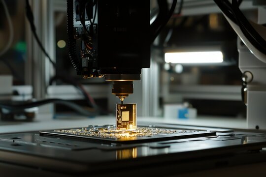 Automated precision robotic arm placing microchip onto circuit board during manufacturing process.