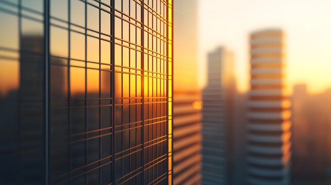 Sunset reflected in a window grid of a modern cityscape