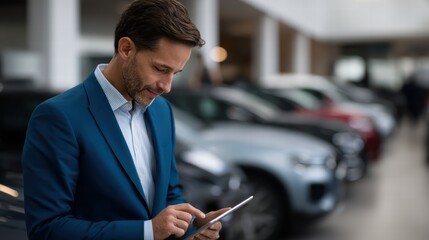 businessman in blue suit is engaged in video call while using tablet in modern car dealership. atmosphere is professional and focused, showcasing variety of vehicles in background