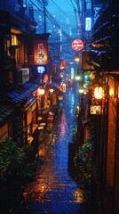 Obraz premium Rainy Japanese Street with Neon Lights and Reflections at Night