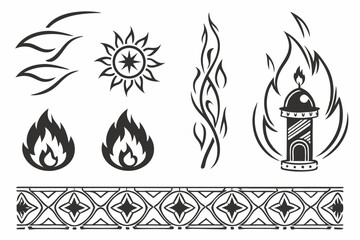 96 Fire silhouettes, flame icons, abstract fire shapes, tribal flames, black and white illustration, vector graphics, stylized fire elements, burning design elements, flame patterns, minimalist fire a