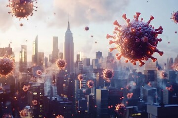 Viral particles hovering over city skyline
