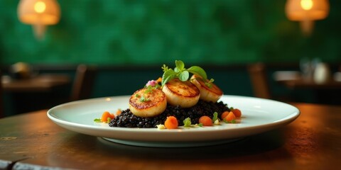 Elegant Pan-Seared Scallops with Lentil Medley and Garnish on a White Plate