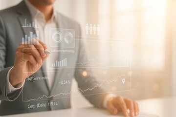 Data Analytics and Visualization: A sharp-dressed professional in a business suit interacts with interactive data visualizations.