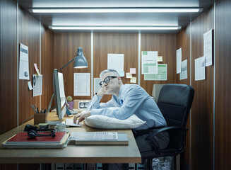 Depressed office worker sitting at his desk