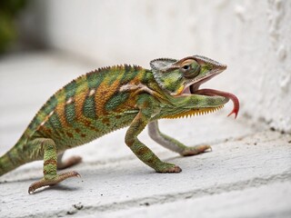 Fototapeta premium Chameleon in Mid-Strike Stunning Close-Up of a Reptile Catching Prey
