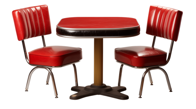 A retro diner set featuring a red table and two matching chairs isolated on transparent background