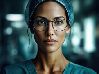 Portr&auml;t einer Chirurgin in blaugr&uuml;ner OP-Kleidung