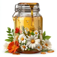 Golden Honey Dripping from Jar with Daisies and Orange Flowers