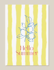 Whimsical poster with lemons. Hello summer poster with lemons and yellow striped background. Mediterranean hand drawn coastal vector illustration for card, poster, invitation. Italian dolce vita style