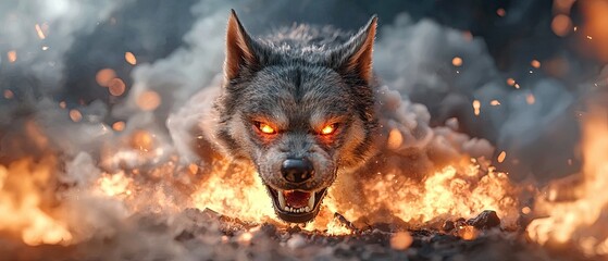 Fototapeta premium A menacing, demonic-looking dog with intense, fiery glowing eyes surrounded by an ominous, supernatural atmosphere.