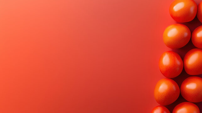 Fresh ripe tomatoes arranged on a vivid coral surface create a bright, appetizing composition with ample copy space, perfect for food and health related designs.