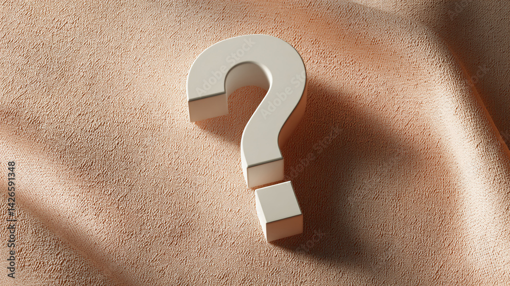 Poster White question mark on peach textured background, suggesting uncertainty or inquiry, suitable for conceptual design or problem-solving themes