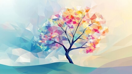 Fototapeta premium A colorful, polygonal tree stands tall against a pastel landscape.