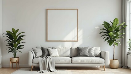 "Blank Wall Art Mockup in Scandinavian Living Room Interior
