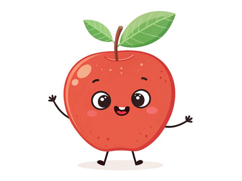 Cheerful apple character with leaf hat and wide grin,  isolated on white background