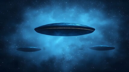 Fototapeta premium Mysterious spacecraft hovering in a starry galaxy long title Futuristic unidentified flying