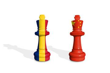 Chess made from Romania and China flags. Trade, duty, customs and tariffs war
