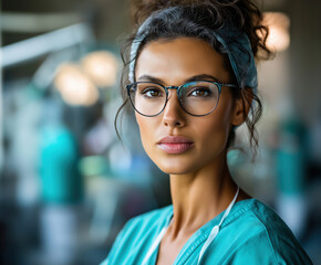 Portr&auml;t einer Chirurgin in blaugr&uuml;ner OP-Kleidung