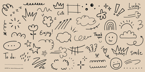 Doodle art with clouds, stars, and smiley faces. Playful doodles, cute clouds, and happy stars. Enjoy whimsical doodles, clouds, and stars. Doodle and hand drawn words, vector set.