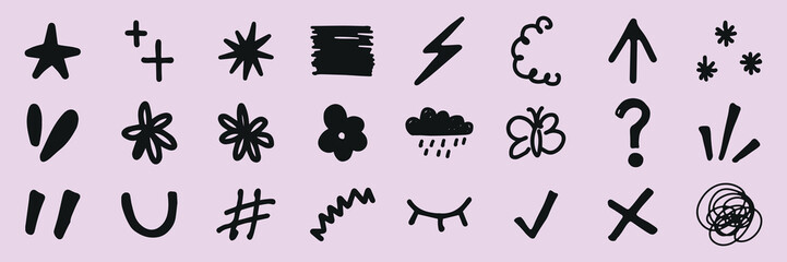 Collection of black doodles on a purple background. Includes stars, arrows, flowers, and symbols. Doodles, symbols, and shapes in a playful style. Black hand drawn elements, vector set.