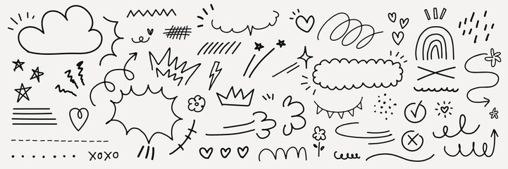 Doodle elements: clouds, stars, hearts, and rainbows. Fun doodles, whimsical doodles, and playful doodles. Hand-drawn doodles, artistic doodles, sketchy doodles. Black hand drawn elements, vector set.